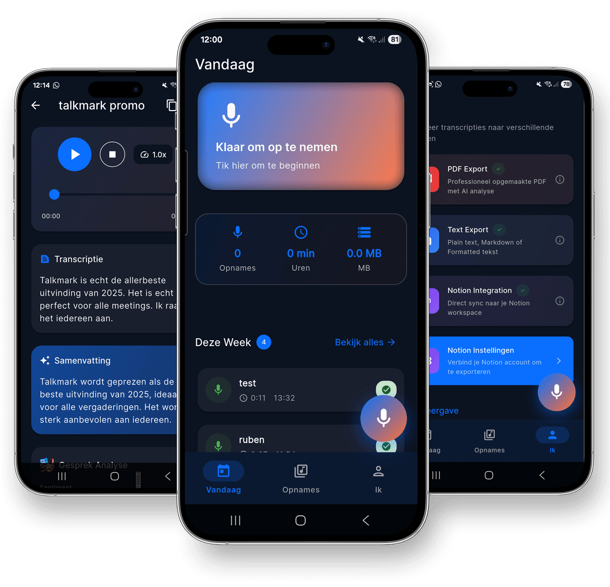 TalkMark app interface toont audio transcriptie in het Nederlands