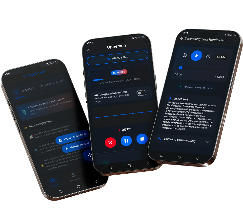 TalkMark app: juridische transcriptie met zaakbespreking en AI-samenvatting