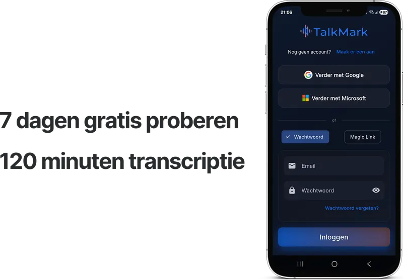 Screenshot: TalkMark registratiescherm in de app