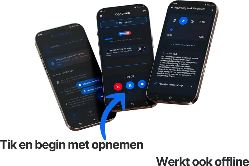 Screenshot: TalkMark opnamescherm met rode opnameknop