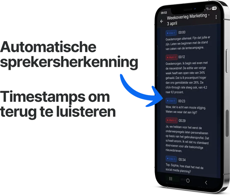 Screenshot: Voltooide transcriptie met timestamps in de app
