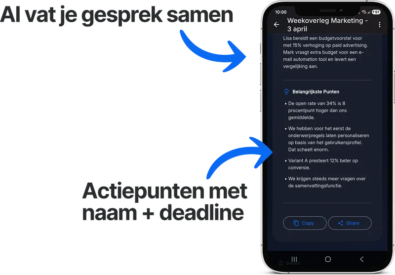 Screenshot: AI-samenvatting met actiepunten in de app