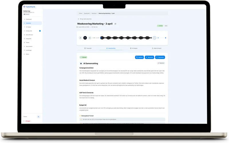 Screenshot: Transcriptie-editor met timestamps op het webdashboard