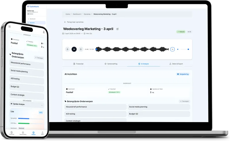 Screenshot: AI-analyse met samenvatting en actiepunten op het web