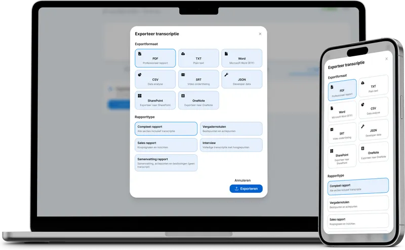 Screenshot: Exportmenu met Word, PDF, TXT, SRT op het webdashboard